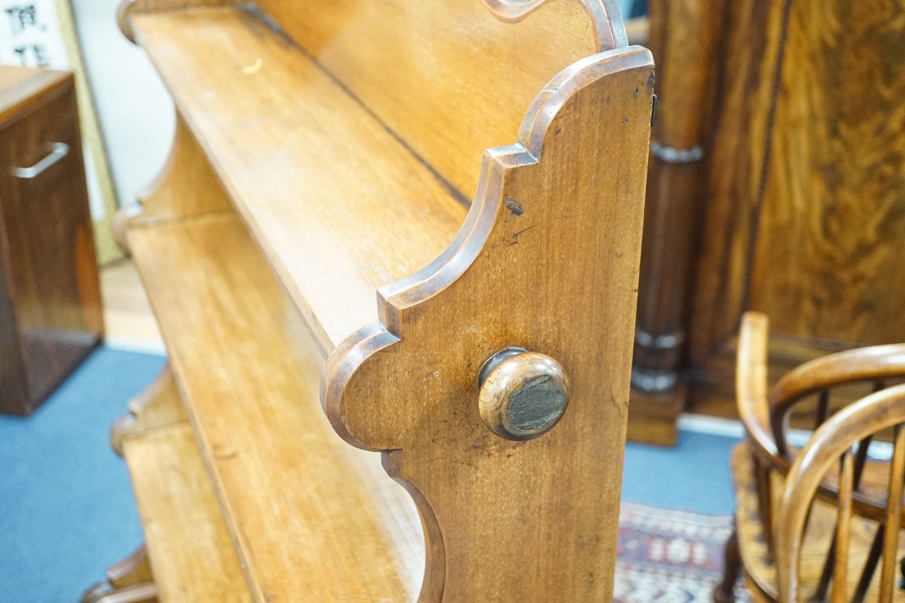 A late 19th century mahogany campaign four tier open bookcase by Ross and Co. Dublin, width 98cm, depth 37cm, height 133cm
